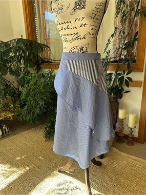 MAJE Light Blue Striped Asymmetrical Handkerchief Midi Skirt